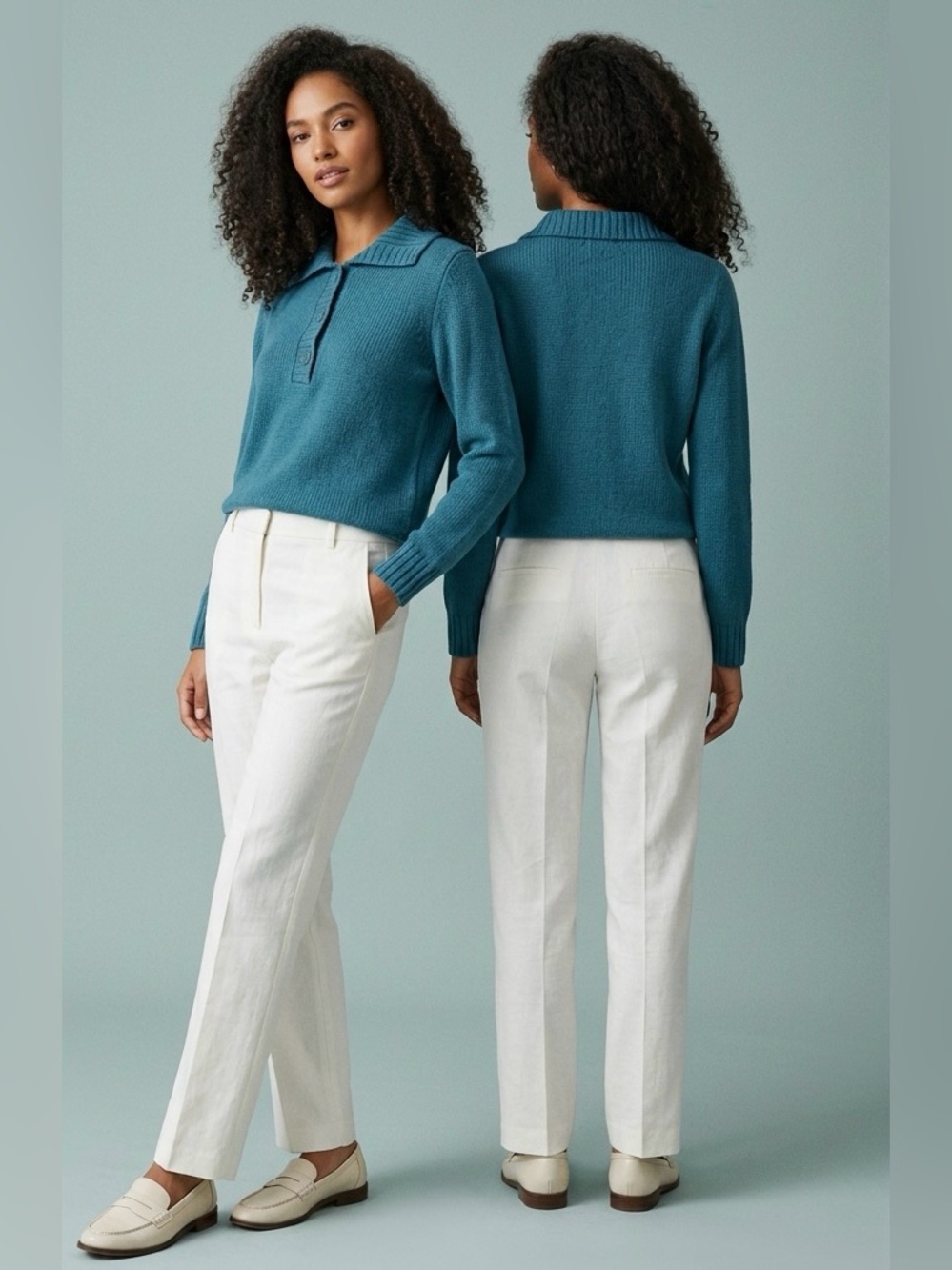 Chico’s Teal Blue Button-Collar Shaker Stitch Sweater - 100% Cotton - Size 1